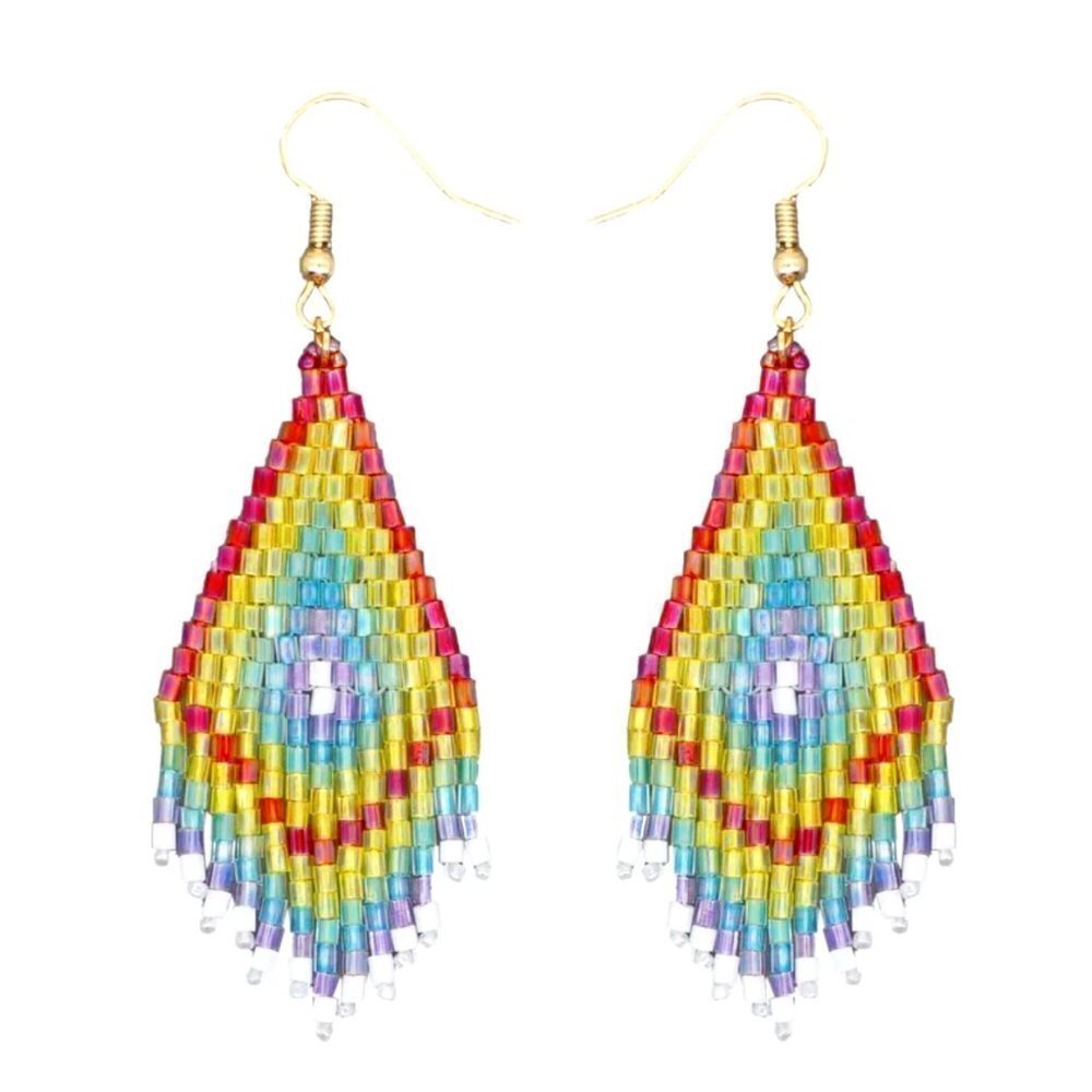 Beaded Aztec Southwestern Drop Earrings Iridescent Beads NEW